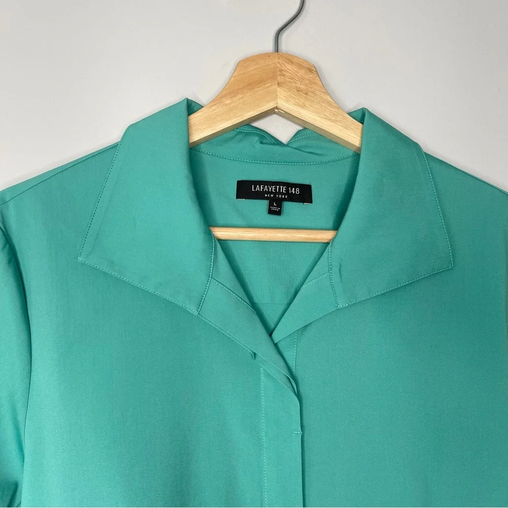 Ladies Lafayette 148 New York teal green blue button up down top size large - Picture 4 of 6